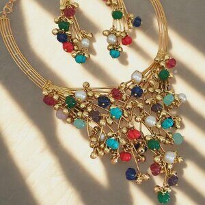 Exclusive Hand Crafted Golden Polish Multi-stone Necklace Earrings Set